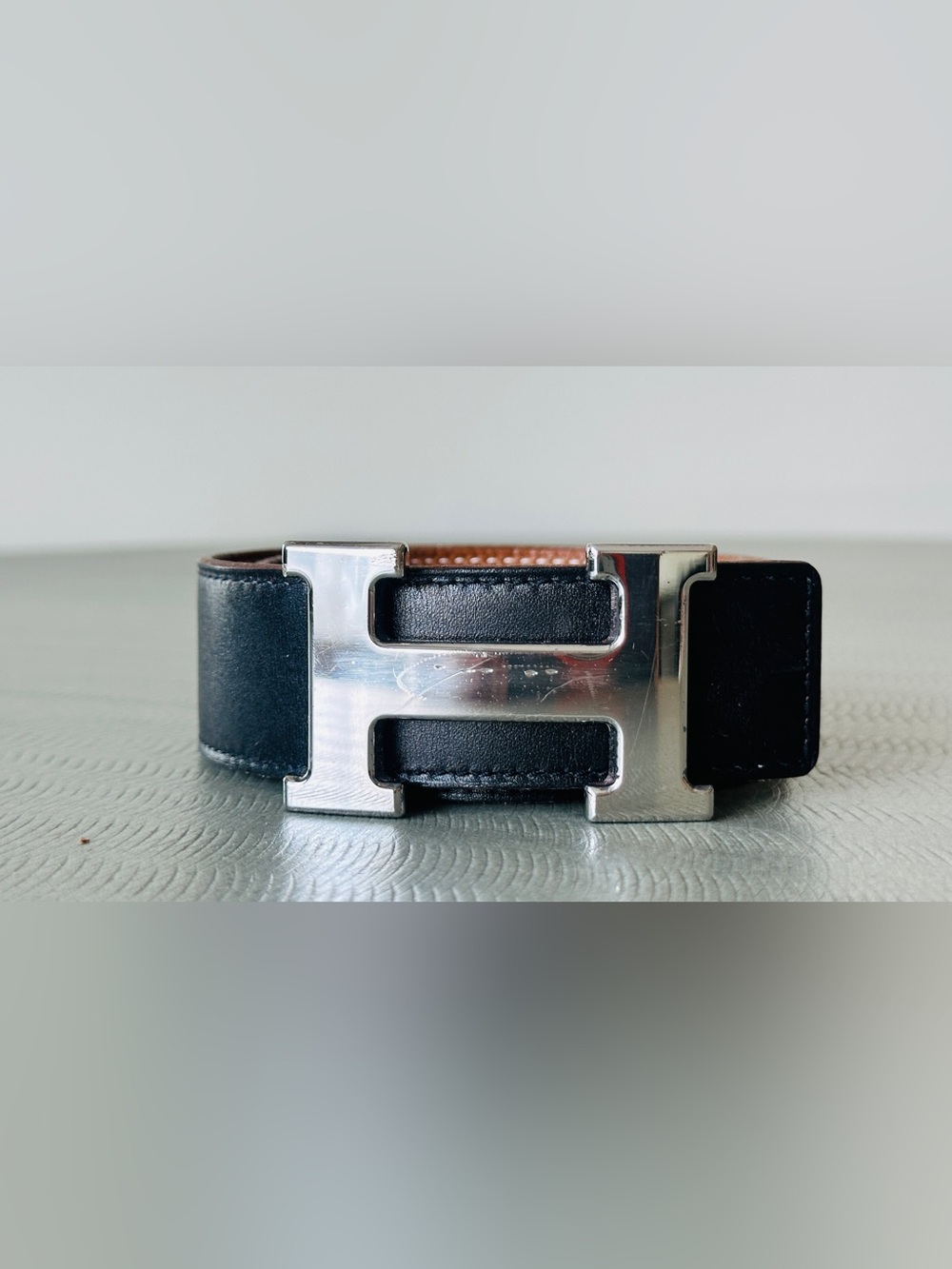 Hermes SILVER Buckle H Belt Black Black Tan Leather Strap 32 mm Width Size 95 Cm - Picture 6 of 16